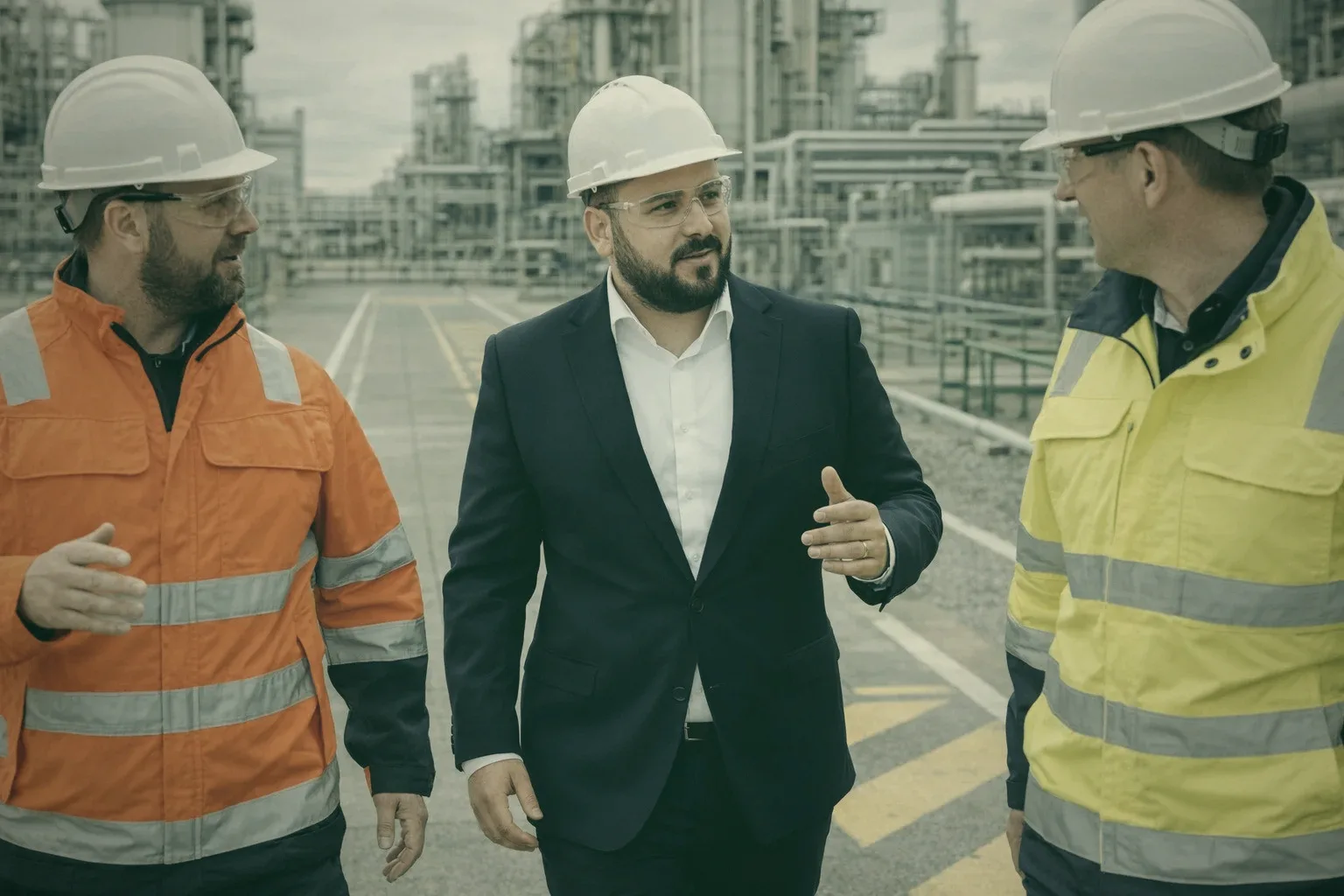 A manager walking through the refinery with two site staff in hard hats