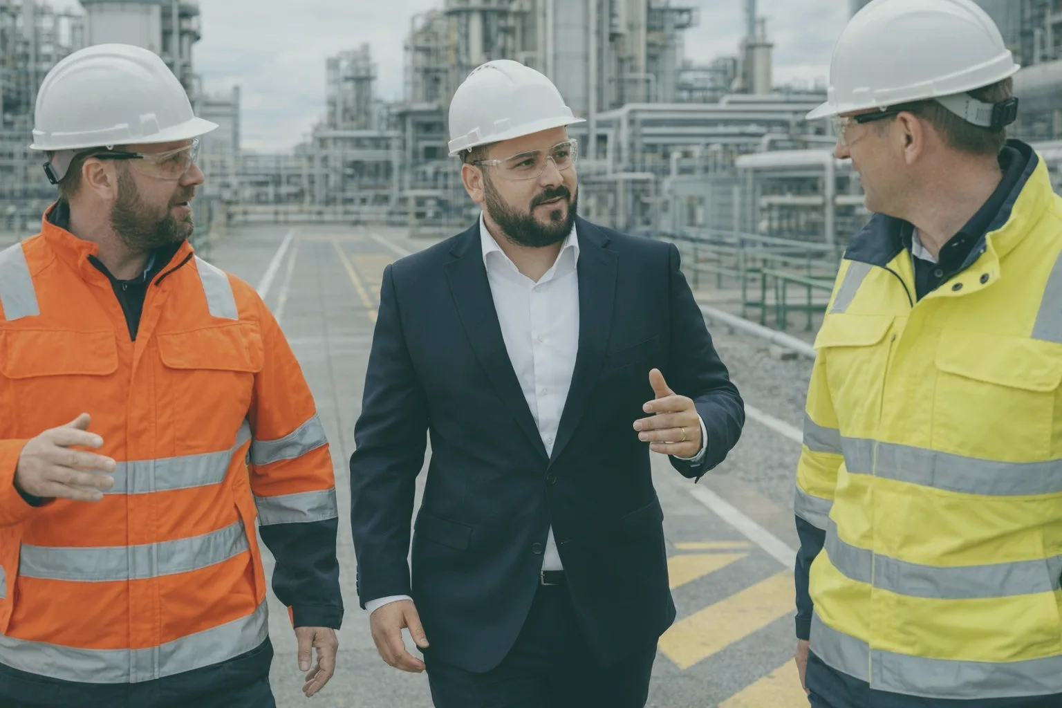 A manager walking through the refinery with two site staff in hard hats