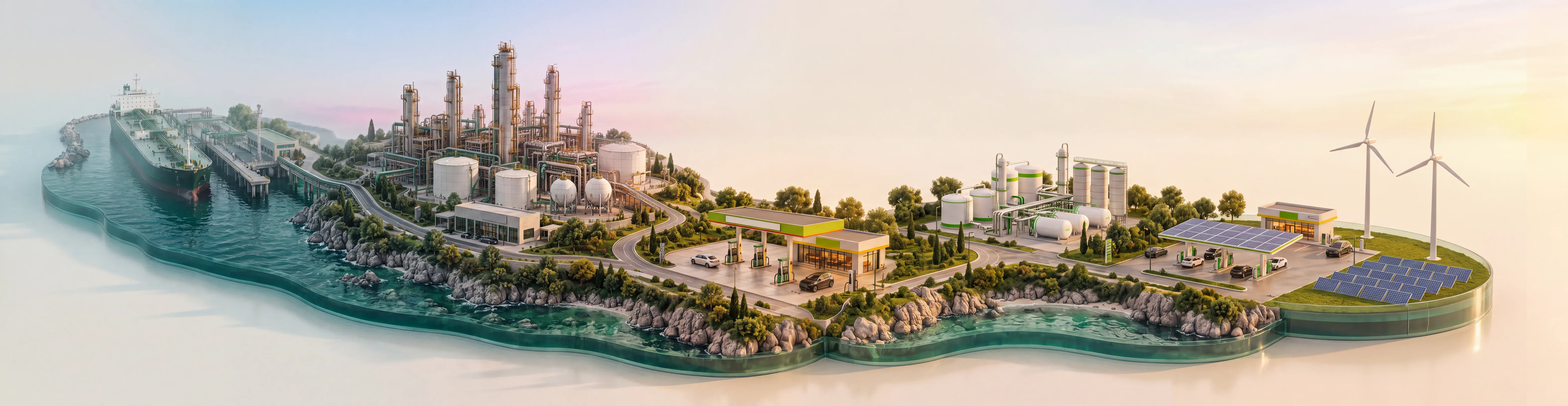 Scale model connecting a tanker berth, the refinery, a HEM station, a renewable diesel plant and an EV charging hub with solar and wind
